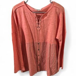 🌸 #3069-42. Coral Long Sleeve Lace-Up Blouse
